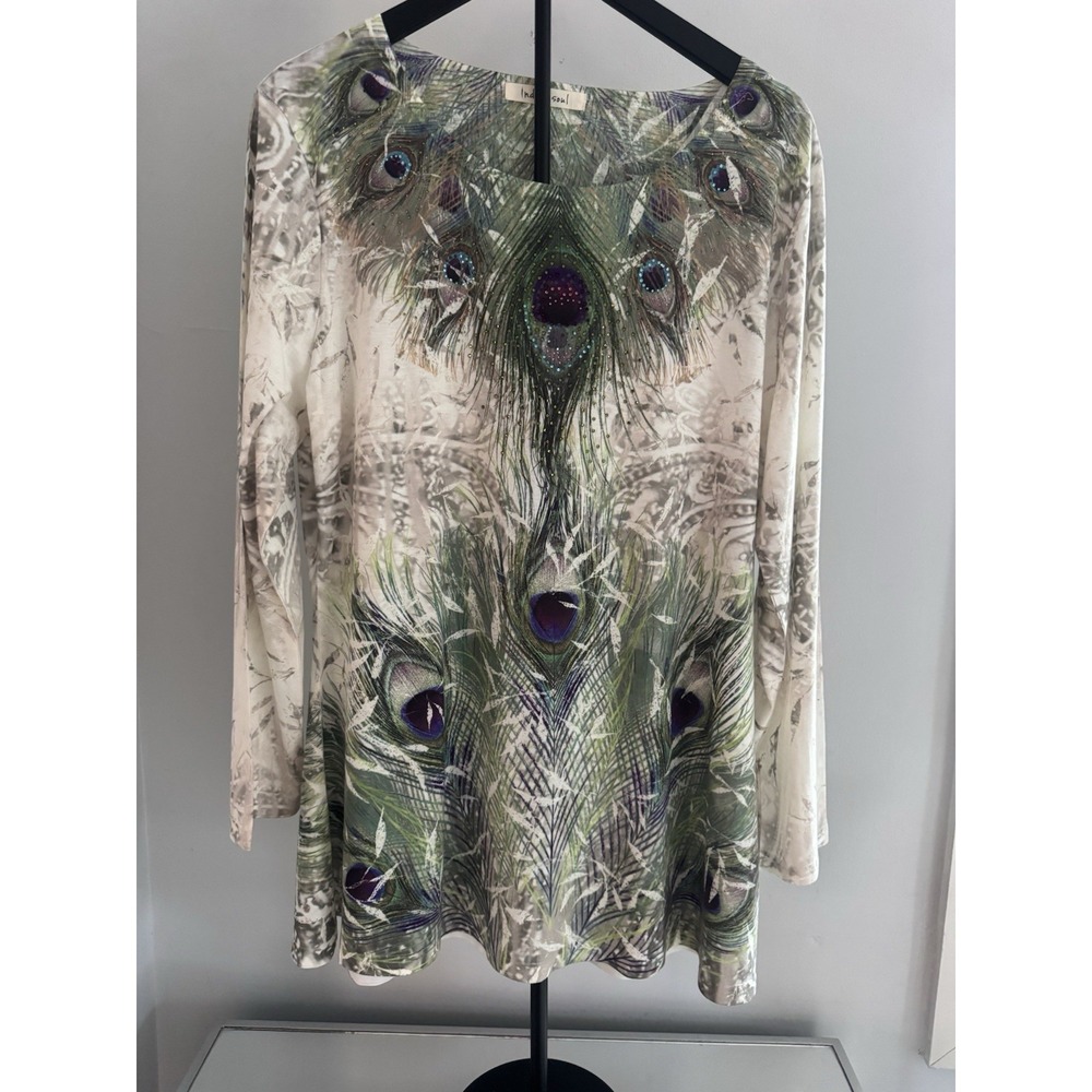 Indigo Soul Women's Sz L Peacock Feather Rhinestone Tunic Top‎ Sheer Boho